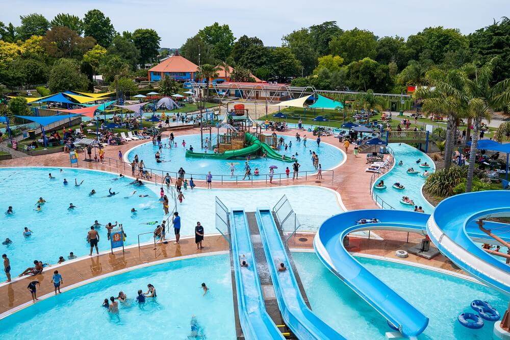 Busy pools at Splash Planet in Hawke's Bay
